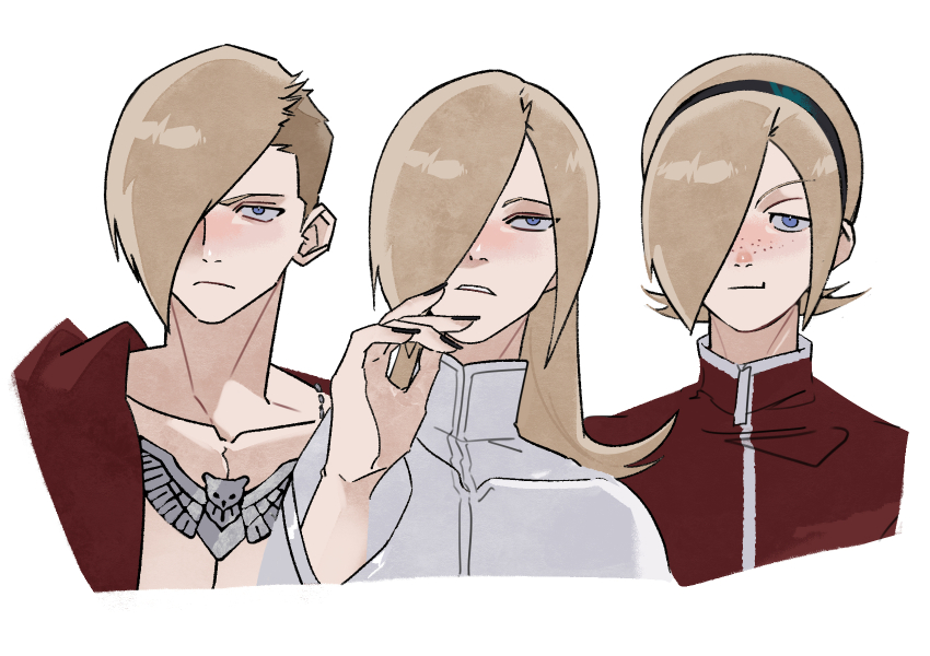 3boys :t ash_crimson bare_pectorals black_hairband black_nails blonde_hair blue_eyes blush closed_mouth collarbone cropped_torso ed_(street_fighter) freckles frown hair_over_one_eye hairband hexermer highres jacket jewelry long_hair looking_ahead looking_at_viewer looking_up male_focus multiple_boys nail_polish necklace one_eye_covered open_clothes open_jacket parted_bangs parted_lips pectorals red_jacket saiki_(kof) side-by-side simple_background street_fighter street_fighter_6 teeth the_king_of_fighters the_king_of_fighters_xiii white_background white_jacket white_trim