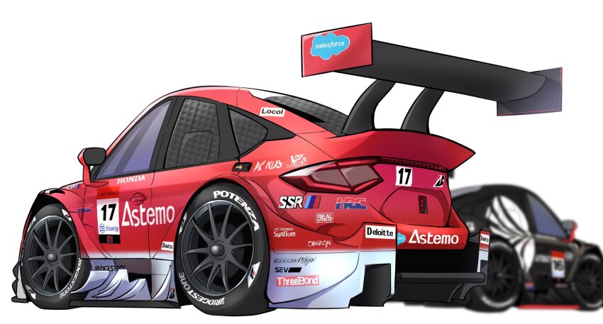 autobacs_racing_team_aguri black_car bridgestone car chibi highres honda honda_civic motor_vehicle no_humans peteron race_vehicle racecar real_racing red_car spoiler_(automobile) sponsor super_gt vehicle_focus