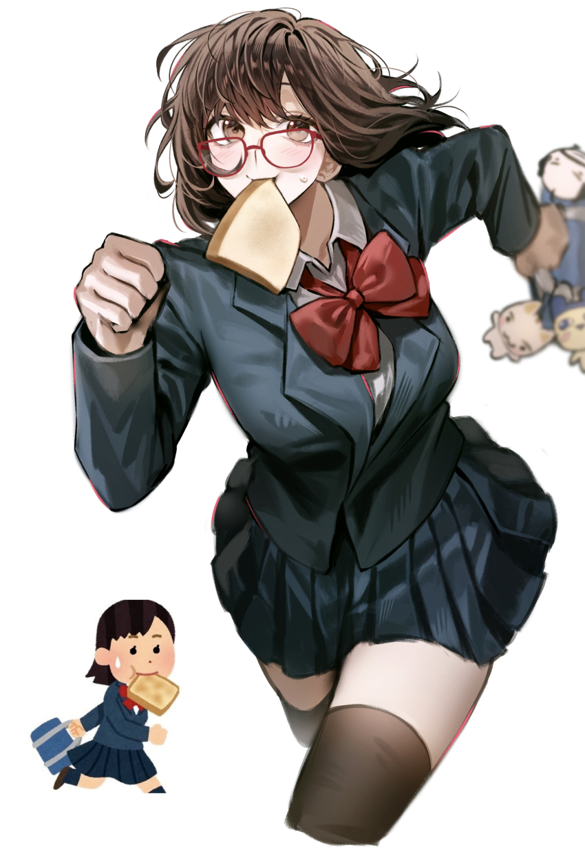 1girl absurdres bag black_skirt black_thighhighs bow bread bread_slice brown_hair chibi chibi_inset clenched_hand food food_in_mouth glasses gomang1201 highres holding holding_bag irasutoya irasutoya_challenge mouth_hold red-framed_eyewear red_bow reference_inset running school_bag school_uniform skirt sweatdrop thighhighs toast toast_in_mouth white_background
