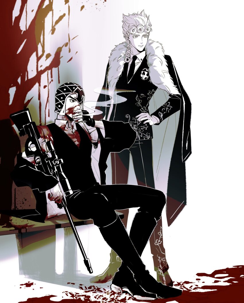 2boys blood blood_on_clothes blood_on_face blood_on_hands blood_splatter boots braid bug cigarette closed_mouth coat commentary fingerless_gloves full_body fur_trim giorno_giovanna gloves guido_mista gun hako_iix07 hand_on_own_hip hat highres holding holding_weapon insect jojo_no_kimyou_na_bouken ladybug long_hair long_sleeves looking_to_the_side male_focus multiple_boys necktie open_clothes shirt short_hair sitting smoke smoking standing symbol-only_commentary vento_aureo vest weapon