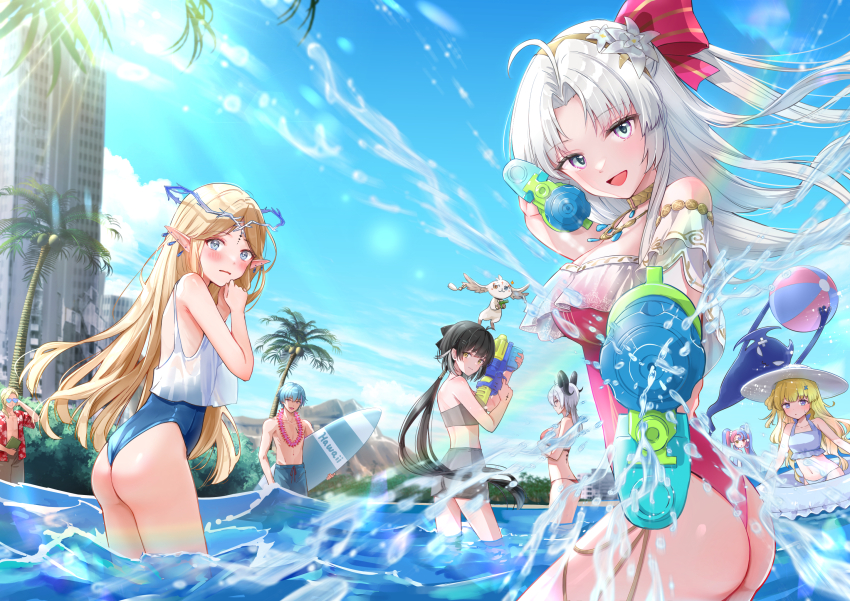 2boys 6+girls abby_(wuthering_waves) ahoge akasaka_asa alternate_costume aqua_eyes ass bare_shoulders black_hair blonde_hair blue_eyes blue_hair blue_one-piece_swimsuit blue_sky blush bow brant_(wuthering_waves) breasts carlotta_(wuthering_waves) cartethyia_(wuthering_waves) commentary_request cristoforo_(wuthering_waves) crown_of_thorns day dual_wielding earrings female_rover_(wuthering_waves) finger_on_trigger frilled_one-piece_swimsuit frills hair_bow hat hawaiian_shirt highres holding holding_surfboard holding_water_gun innertube jewelry long_hair looking_at_viewer medium_breasts multiple_boys multiple_girls navel off-shoulder_one-piece_swimsuit off_shoulder official_alternate_costume one-piece_swimsuit open_mouth outdoors parted_bangs pero_(wuthering_waves) phoebe_(wuthering_waves) pink_bow pink_one-piece_swimsuit pointy_ears roccia_(wuthering_waves) rover_(wuthering_waves) shirt sky smile stomach striped_bow sunglasses surfboard swim_ring swimsuit tacet_mark_(wuthering_waves) thighs thong_one-piece_swimsuit water_gun white_hair white_hat white_shirt wuthering_waves zani_(wuthering_waves)