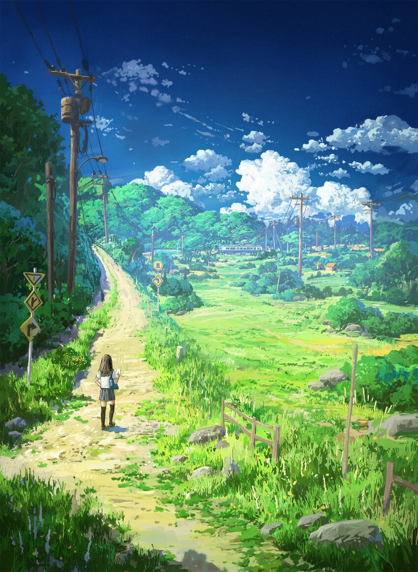1girl bag black_hair black_thighhighs blue_sky brown_shoes building cellphone cloud cloudy_sky commentary cyclecircle day dirt_road english_commentary fence highres holding holding_phone loafers long_hair original outdoors phone power_lines road road_sign rock rural scenery school_bag school_uniform shadow shirt shoes short_sleeves sign skirt sky solo thighhighs train very_wide_shot walking white_shirt wooden_fence