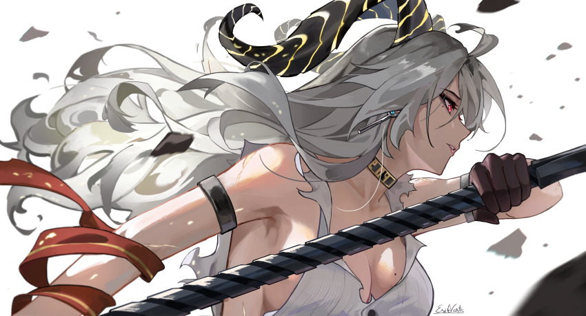 1girl absurdres bare_shoulders black_choker black_gloves black_horns breasts choker commentary curled_horns earrings english_commentary erikvarts gloves highres holding horns jewelry key_earrings large_breasts long_hair looking_ahead parted_lips red_eyes shirt signature simple_background solo torn_clothes torn_shirt upper_body white_background white_shirt wuthering_waves zani_(wuthering_waves)