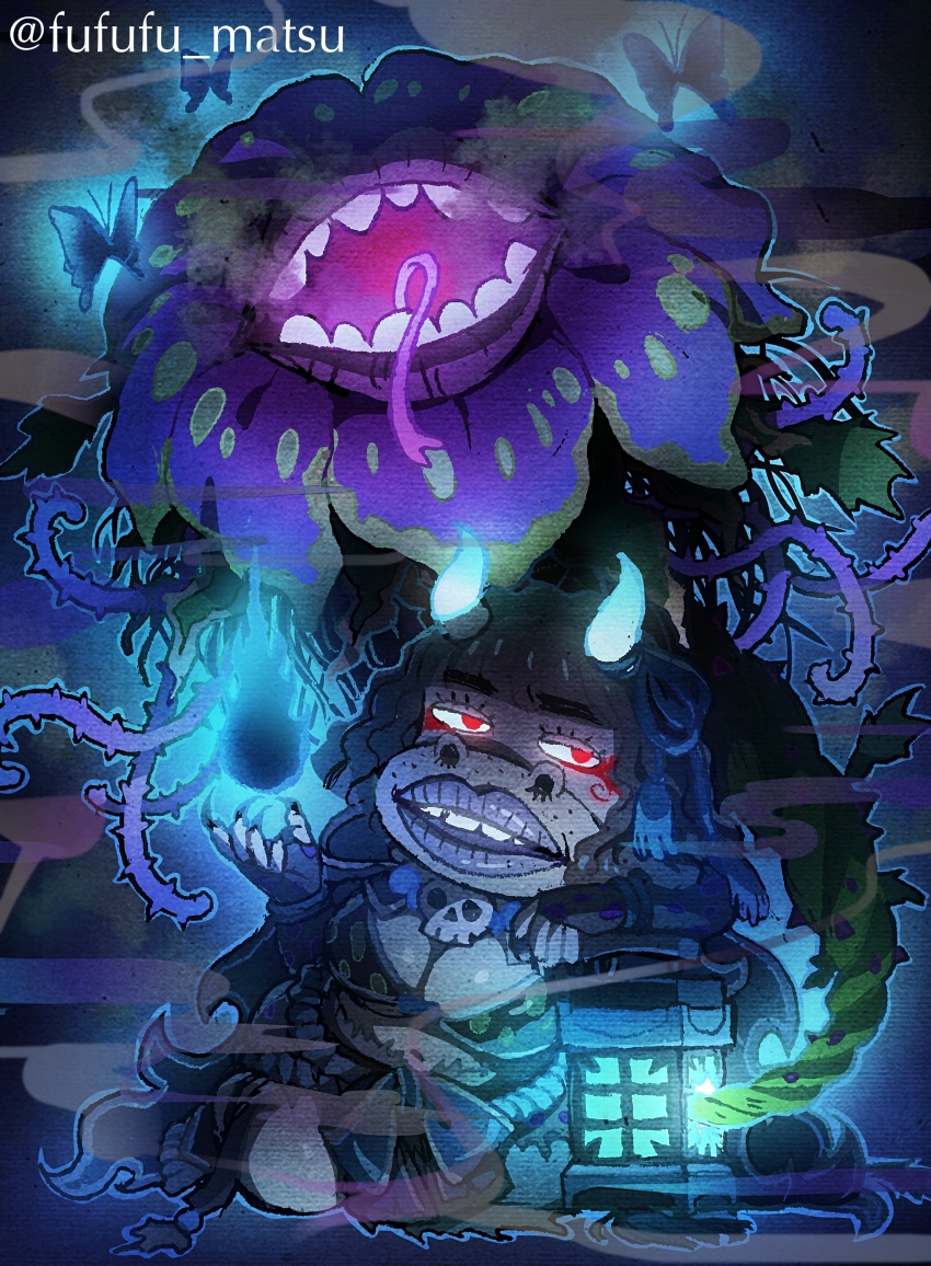 1girl absurdres blue_theme breasts bug butterfly curly_hair dobusu_(osomatsu-san) fat fat_woman flower funuyu glowing_horns highres horns insect japanese_clothes kimono large_breasts looking_at_viewer osomatsu-san osomatsu_(series) parted_lips plant_monster print_kimono red_eyes short_hair smile thick_lips thorns ugly_woman