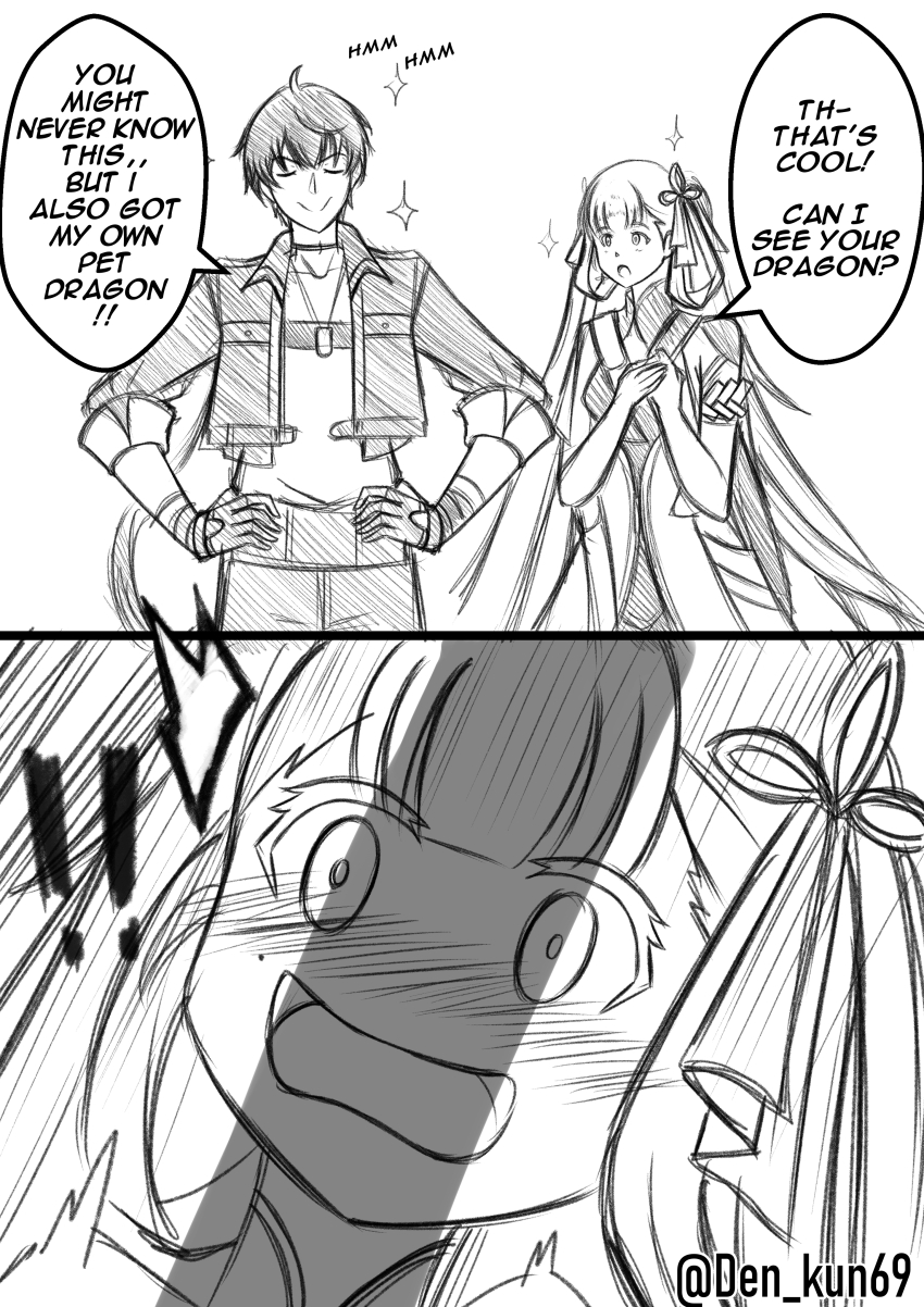 1boy 1girl absurdres bad_tag blush closed_eyes coat colored_eyelashes commentary den_kun69 dress english_commentary english_text gloves hair_ribbon hair_rings hands_on_own_hips highres jacket jinhsi_(wuthering_waves) long_hair male_rover_(wuthering_waves) mole mole_on_cheek nose_blush open_mouth pants penis_shadow ribbon rover_(wuthering_waves) shirt sketch smile twintails twitter_username wuthering_waves