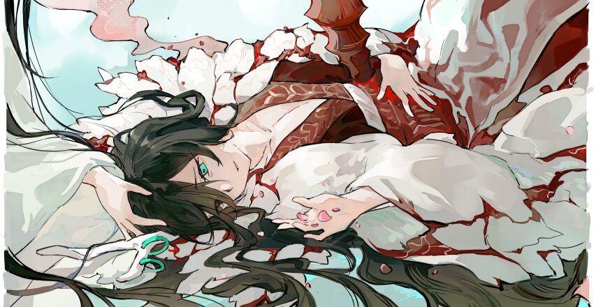 1boy absurdres antler_ring antlers aqua_eyes black_eyes black_hair blue_background cherry_blossoms chinese_clothes e.g.o_(project_moon) eastern_dragon_horns erzheawa hanfu heterochromia highres hong_lu_(project_moon) horn_ornament horn_ring horns impaled limbus_company long_hair long_sleeves looking_at_viewer lying male_focus on_back project_moon red_hanfu simple_background single_antler single_horn solo tears_of_the_tarnished_blood_(e.g.o) two-tone_robe upper_body