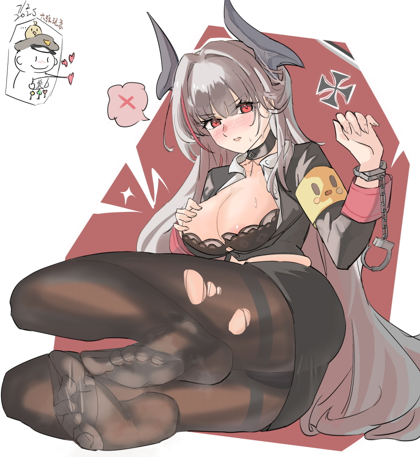 1boy 1girl 6_gexun absurdres admiral_zenker_(azur_lane) admiral_zenker_(fun_with...interrogations?)_(azur_lane) areola_slip armband azur_lane black_bra black_choker black_horns black_panties black_pantyhose black_skirt black_suit blush bra breasts choker cleavage collared_shirt commander_(azur_lane) cross cuffs fang formal_clothes highres horns iron_cross lace lace-trimmed_bra lace_trim large_breasts manjuu_(azur_lane) multicolored_hair official_alternate_costume panties pantyhose parted_lips pencil_skirt red_eyes red_hair red_streaks shirt skin_fang skirt streaked_hair suit torn_clothes torn_pantyhose underwear white_hair white_shirt yellow_armband