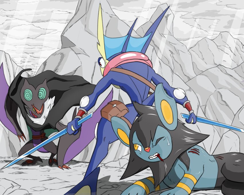 absurdres bag blood blood_on_body blood_on_face facing_viewer frog gen_4_pokemon gen_6_pokemon greninja highres holding holding_weapon luxio nintendo no_humans noivern pokemon pokemon_(creature) pokemon_mystery_dungeon protecting satchel sword weapon