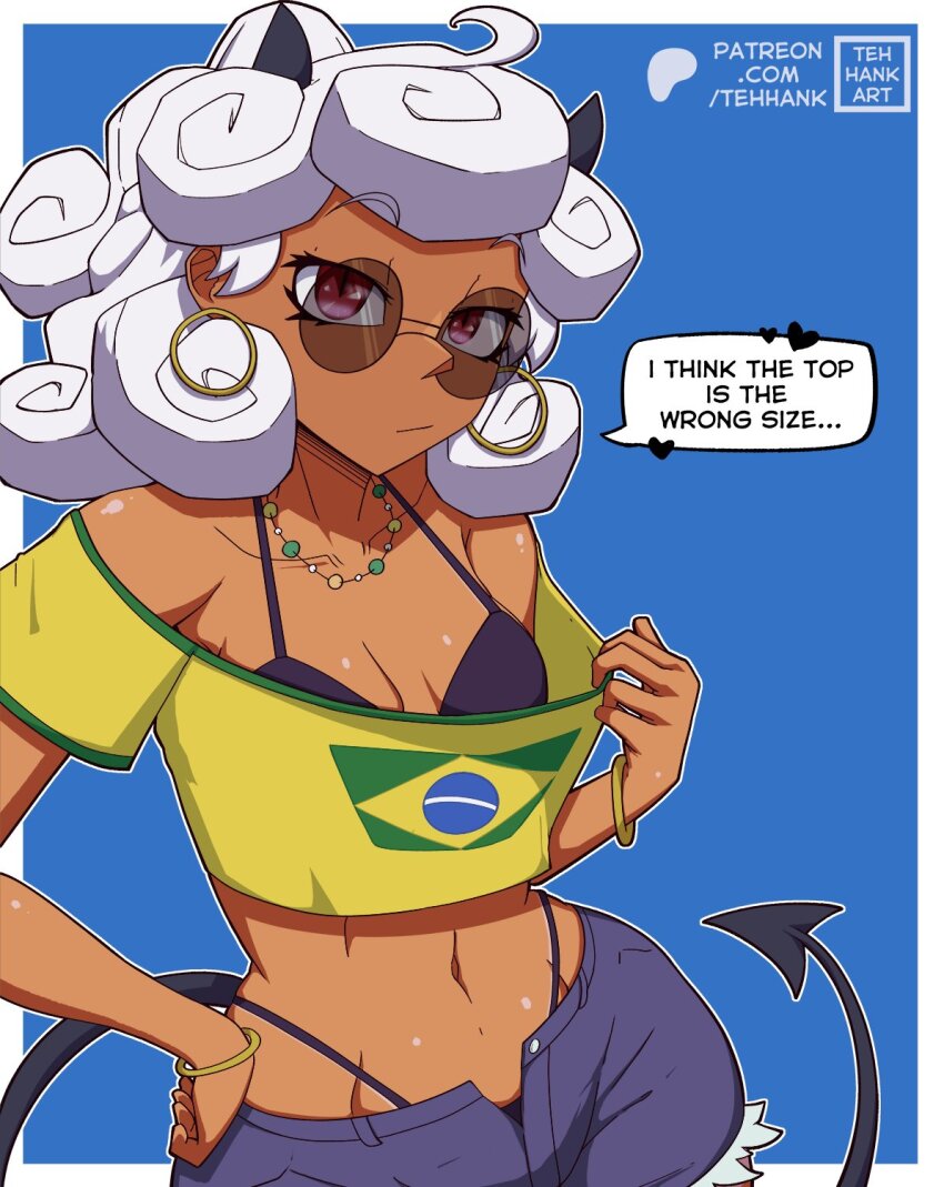 1girl bikini bikini_under_clothes black_bikini black_horns black_tail blue_background brazilian_flag brazilian_flag_print brazilian_miku brazilian_miku_(cosplay) cosplay cowboy_shot demon_girl demon_horns demon_tail earrings flag_print hatsune_miku helltaker highres hoop_earrings horns jewelry long_hair looking_at_viewer navel necklace off-shoulder_shirt off_shoulder outline pandemonica_(helltaker) print_shirt red_eyes round_eyewear shirt short_sleeves solo sunglasses swimsuit tail tan tehhank vocaloid watermark web_address white_hair white_outline