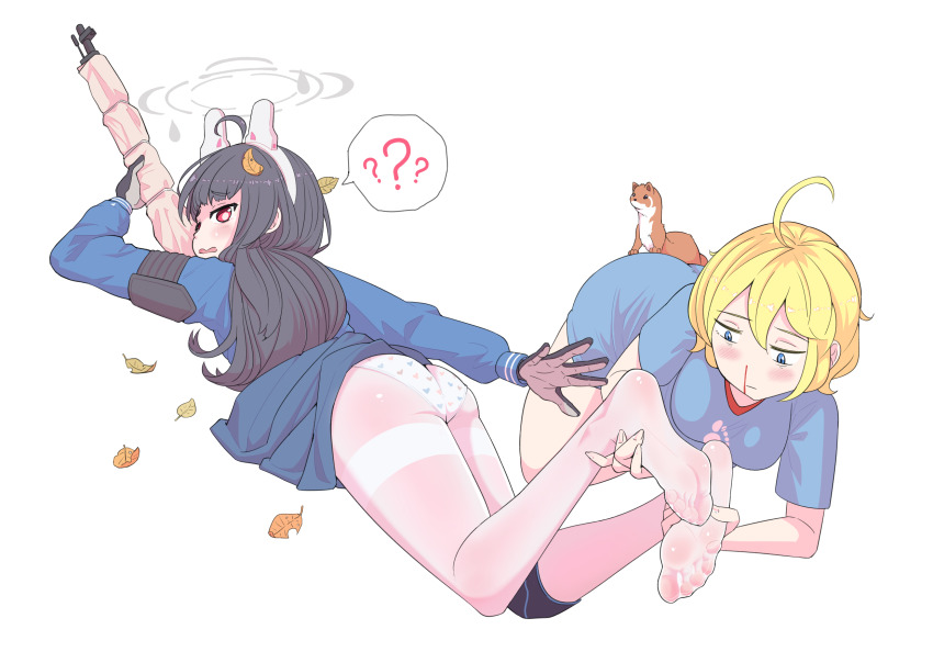 2girls ? ahoge animal animal_ears aroused_nosebleed black_gloves black_hair blonde_hair blood blue_archive blue_dress blue_eyes blue_shirt blush bolt_action brown_fur crimea-chan drawfag dress fake_animal_ears feet footprints gloves gun heart heart_panties heart_print highres holding_another&#039;s_foot holding_feet knee_pads leaf leaf_on_head lifted_skirt long_hair long_sleeves looking_back miyu_(blue_archive) mosin-nagant multiple_girls non-web_source nosebleed open_mouth original panties panties_under_pantyhose pantyhose print_panties rabbit_ears red_eyes rifle romanian_drawfag shirt short_hair simple_background skirt soles speech_bubble squirrel surprised thick_thighs thighs toes underwear wavy_mouth weapon white_background white_pantyhose white_underglove yuri