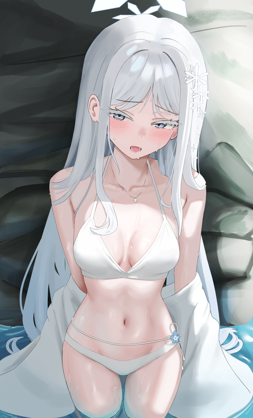 1girl :o absurdres bikini blue_archive blush breasts collarbone hair_ornament halo halterneck highres hum455 jewelry long_hair looking_at_viewer medium_breasts nagusa_(blue_archive) nagusa_(swimsuit)_(blue_archive) navel necklace official_alternate_costume robe snowflake_hair_ornament solo stomach straight_hair swimsuit very_long_hair wading white_bikini white_hair white_robe