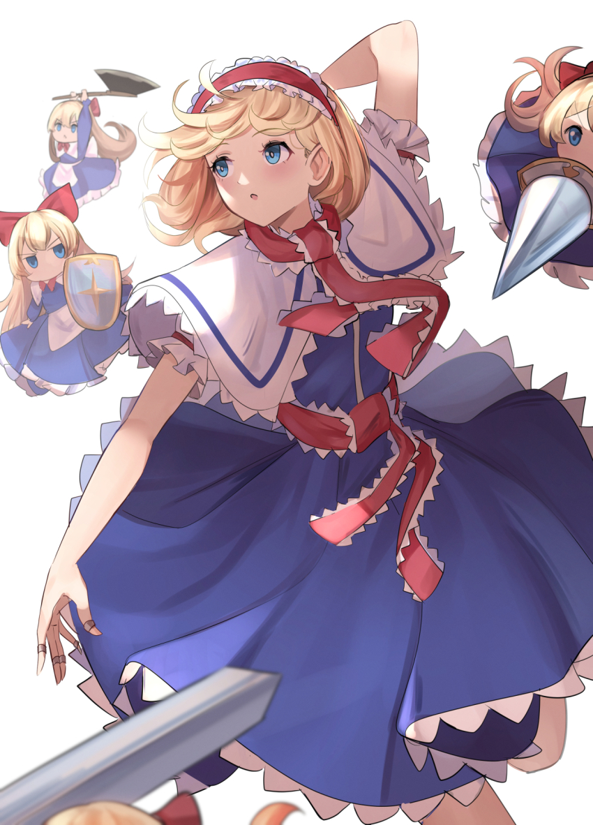 1girl alice_margatroid axe blonde_hair blue_dress blue_eyes capelet commentary daweykun dress drill hairband highres holding holding_axe hourai_doll incoming_attack long_dress red_hairband serious shield solo touhou white_background white_capelet