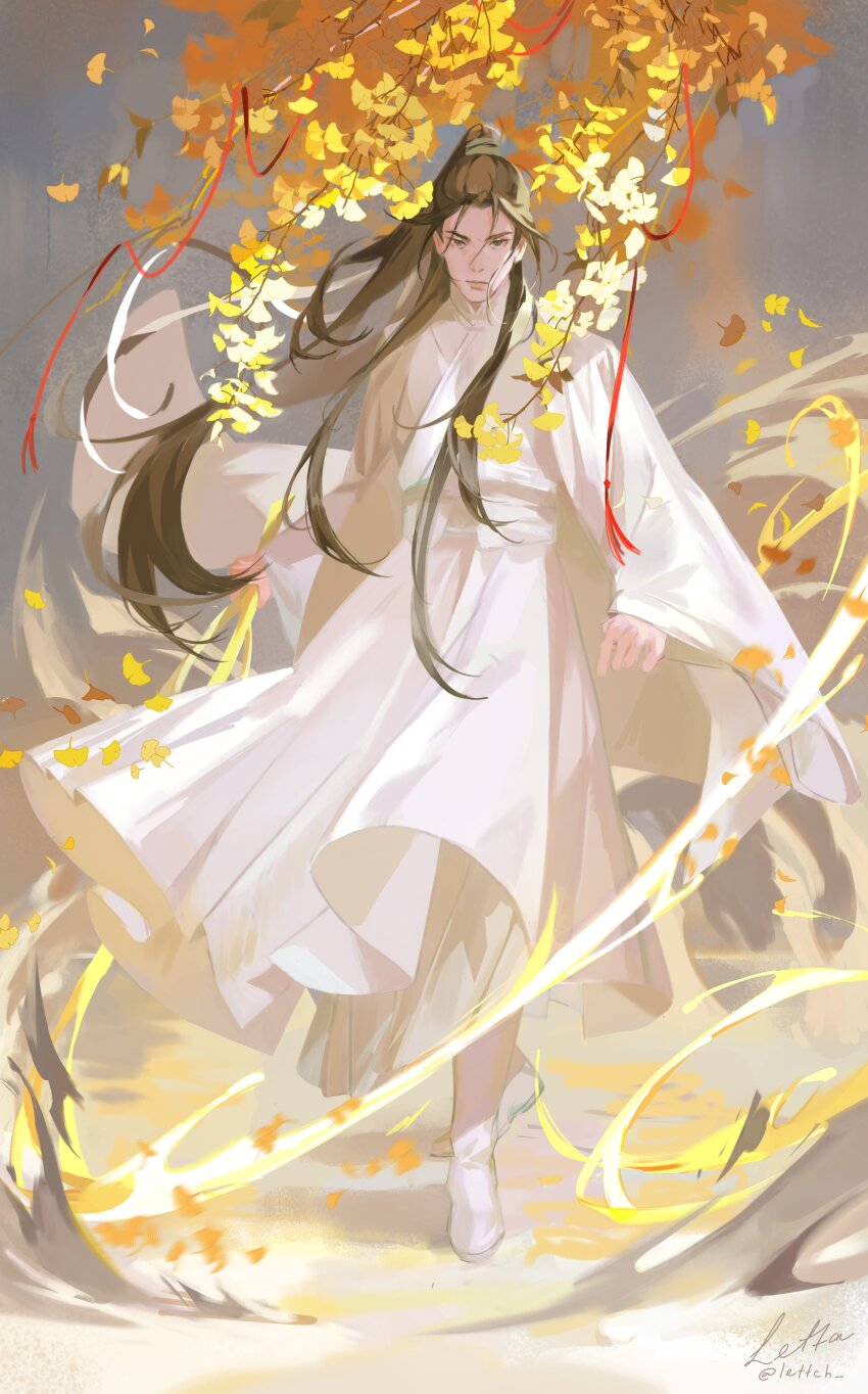 1boy absurdres boots brown_hair chinese_clothes chu_wanning closed_mouth commentary english_commentary erha_he_tadebai_mao_shizun falling_leaves full_body ginkgo_tree hair_ribbon half_updo hanfu high_ponytail highres holding holding_whip leaf lettch long_hair long_sleeves looking_at_viewer male_focus motion_blur ponytail ribbon signature solo standing tree twitter_username white_boots white_hanfu white_ribbon wide_sleeves wind wind_lift