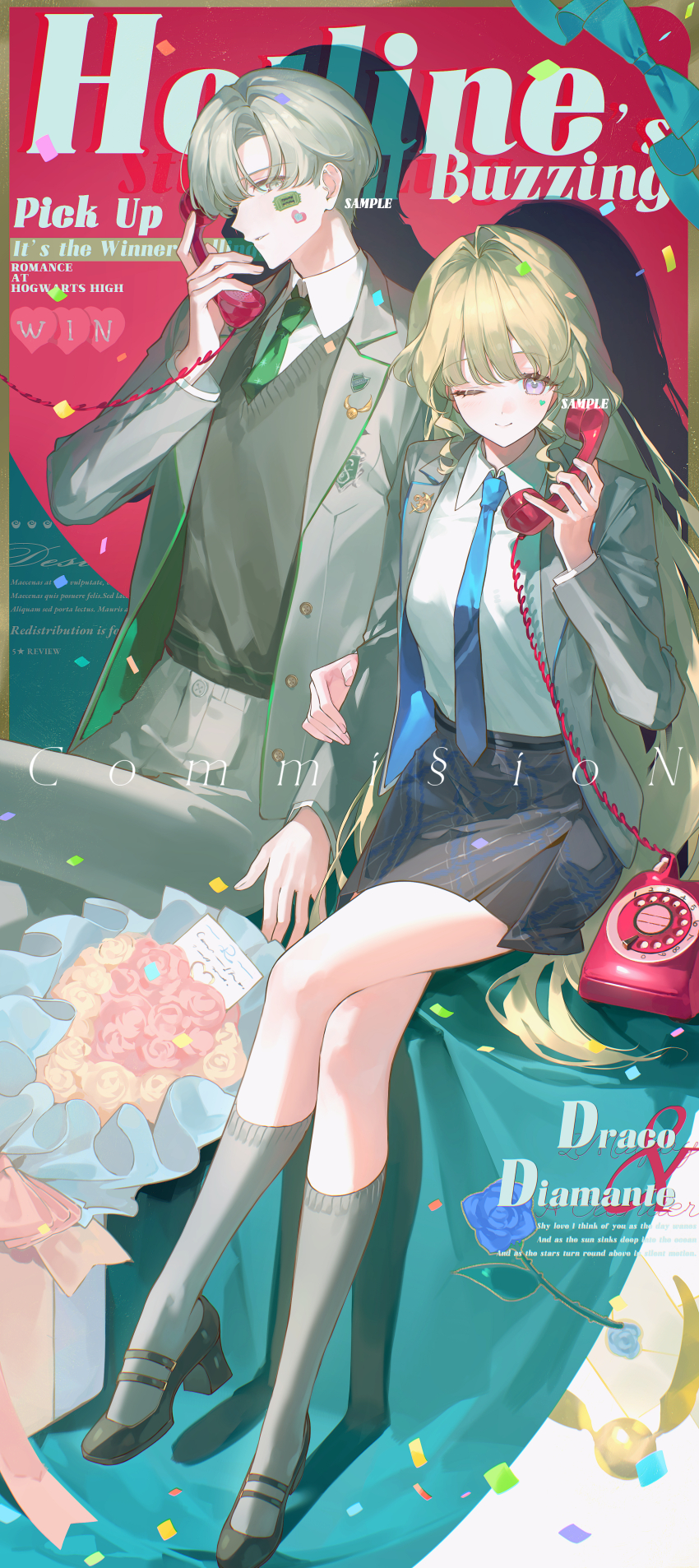 1boy 1girl absurdres bag belt black_skirt blonde_hair blue_flower blue_necktie bouquet cellphone closed_mouth collared_shirt confetti crossed_legs earrings feet_out_of_frame flower green_necktie grey_hair grey_jacket grey_pants hand_up highres holding holding_phone jacket jewelry kaomishu kneehighs long_hair long_sleeves looking_at_viewer necktie one_eye_closed open_clothes open_jacket original pants phone pleated_skirt rose school_uniform shirt short_hair sitting skirt smile socks sweater_vest very_long_hair vest white_shirt