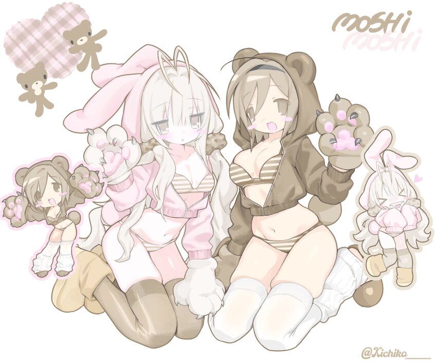 &gt;_&lt; 2girls :&lt; :d absurdres animal_ear_hood animal_hands antenna_hair arms_up bear_girl bear_tail black_hairband blush_stickers bra breasts brown_bra brown_eyes brown_hair brown_jacket brown_panties brown_shoes brown_thighhighs chibi chibi_inset cleavage commentary cropped_jacket fake_animal_ears full_body gloves hair_ornament hair_scrunchie hairband hand_up heart highres holding holding_letter hood hood_up hooded_jacket jacket jitome kichiko_(ryu10855) kneeling large_breasts leg_warmers letter long_hair long_sleeves looking_at_viewer low_twintails multiple_girls open_mouth original panties paw_gloves pink_jacket rabbit_girl rabbit_tail scrunchie shoes short_hair sitting skindentation small_breasts smile striped_bra striped_clothes striped_panties symbol-only_commentary tail thighhighs twintails twitter_username underwear very_long_hair wariza wavy_hair white_background white_eyes white_hair white_leg_warmers white_thighhighs