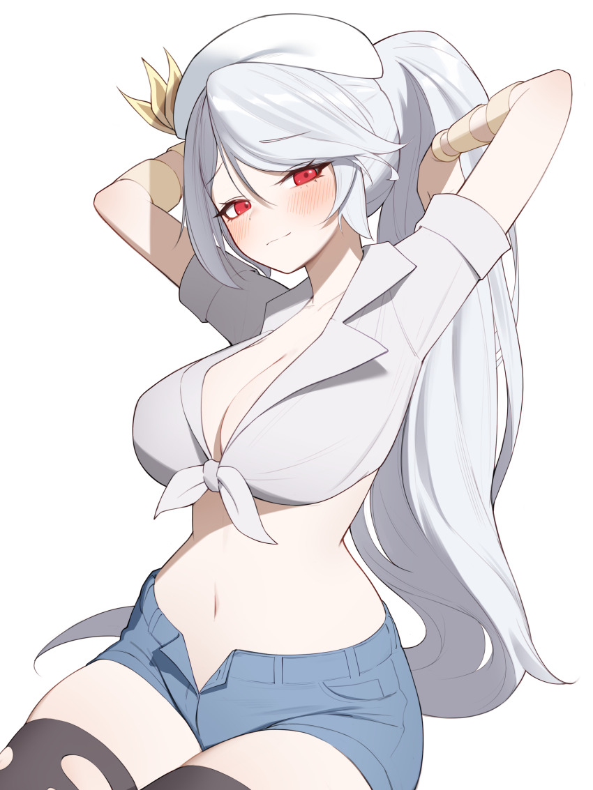 1girl absurdres arms_behind_head arms_up black_thighhighs blue_shorts breasts cleavage closed_mouth collared_shirt commentary_request commission crop_top denim denim_shorts front-tie_top hantata hat highres korean_commentary large_breasts long_hair looking_at_viewer midriff navel open_fly original parted_bangs ponytail red_eyes second-party_source shirt short_sleeves shorts simple_background smile solo stomach thighhighs torn_clothes torn_thighhighs very_long_hair white_background white_hair white_hat white_shirt wristband
