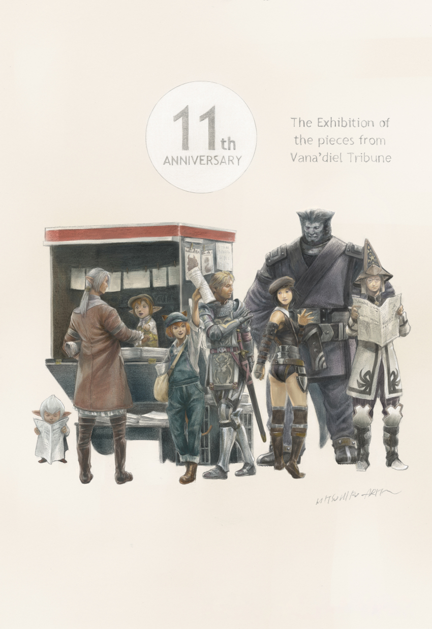 2girls 2others 4boys absurdres adventurer_(ff11) animal_ears anniversary arita_mitsuhiro arm_up armor artist_name belt beret black_hair blonde_hair blue_hat blue_overalls boots brown_boots newsboy_cap cat_ears cat_girl cat_tail commentary ears_through_headwear elf elvaan final_fantasy final_fantasy_xi galka gauntlets greaves grey_hair hat highres holding holding_newspaper hume knee_boots long_hair mithra_(ff11) multiple_boys multiple_girls multiple_others newspaper official_art orange_hair overalls paladin_(final_fantasy) pointy_ears ponytail red_belt scabbard second-party_source sheath short_hair shoulder_armor smile sword tail tarutaru waving weapon