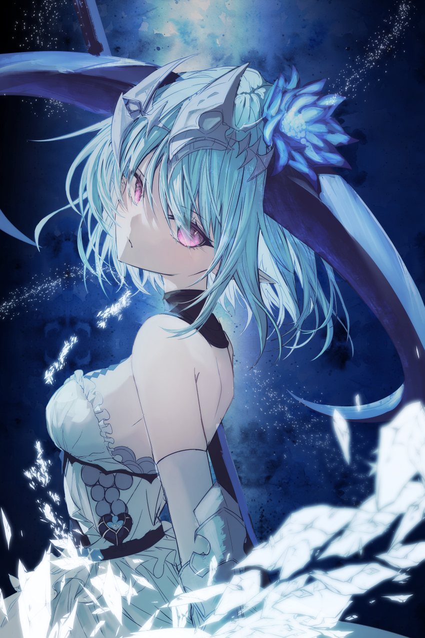 1girl absurdres bare_shoulders blue_background blue_flower blue_hair breasts curled_horns dragon_girl dragon_horns dress filene_(shadowverse) flower gauntlets hair_between_eyes hair_flower hair_ornament headpiece highres horns looking_at_viewer pointy_ears purple_eyes purple_hair shadowverse skin-covered_horns solo white_dress yagi_(yagi5art)