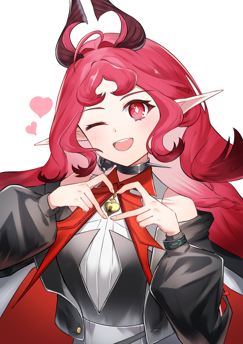 1girl absurdres ahoge arknights arm_cutout bare_shoulders black_jacket heart heart-shaped_hair heart_hands highres horns infection_monitor_(arknights) jacket jewelry k@bu locket long_hair long_sleeves looking_at_viewer nymph_(arknights) one_eye_closed open_mouth pendant pink_eyes pointy_ears red_eyes red_hair simple_background smile solo upper_body white_background