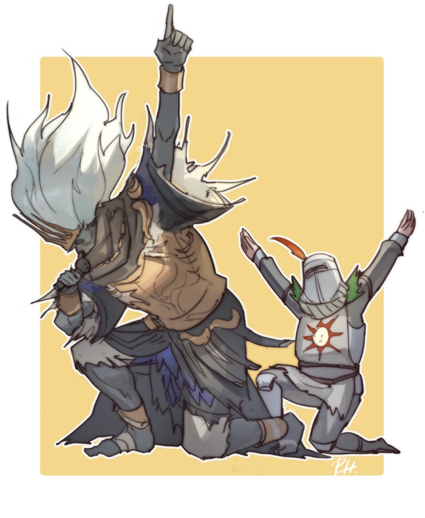 2boys armor cn_phoebe crown dark_souls_(series) dark_souls_i dark_souls_iii full_armor helmet highres long_hair male_focus multiple_boys nameless_king praise_the_sun solaire_of_astora tabard
