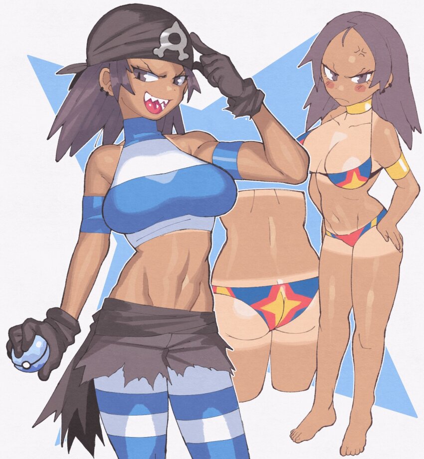 1girl alternate_costume anger_vein angry armlet bandana bare_shoulders barefoot bikini black_bandana black_gloves black_sash black_shorts blue_bikini blue_stripes blush breasts brown_hair carvanha character-themed_food choker crop_top cropped_shirt dark_skin dive_ball ear_piercing finger_to_head forehead frown gen_3_pokemon gloves gold_choker golden_armlet hands_on_own_hips highres holding holding_poke_ball inkerton-kun jewelry leggings looking_at_viewer midriff navel nintendo open_mouth piercing poke_ball pokemon pokemon_oras sash sharp_teeth shirt short_hair short_shorts shorts sleeveless sleeveless_shirt smile solo star_(symbol) stomach striped_clothes striped_leggings striped_shirt swimsuit tan tank_top tanline team_aqua team_aqua_grunt team_aqua_grunt_(female) team_aqua_grunt_(oras) team_aqua_uniform teeth thighs torn_clothes torn_shorts
