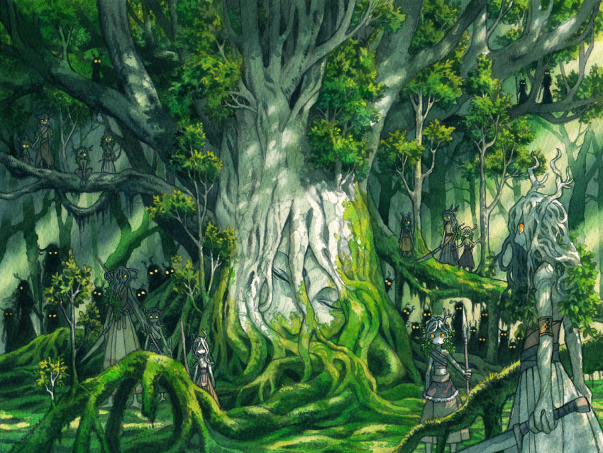 commentary_request dryad glowing glowing_eyes holding holding_polearm holding_spear holding_sword holding_weapon horns multiple_boys multiple_girls orange_eyes original pixiv_fantasia pixiv_fantasia_last_saga polearm scenery silhouette sky-art spear sword traditional_media treant tree weapon