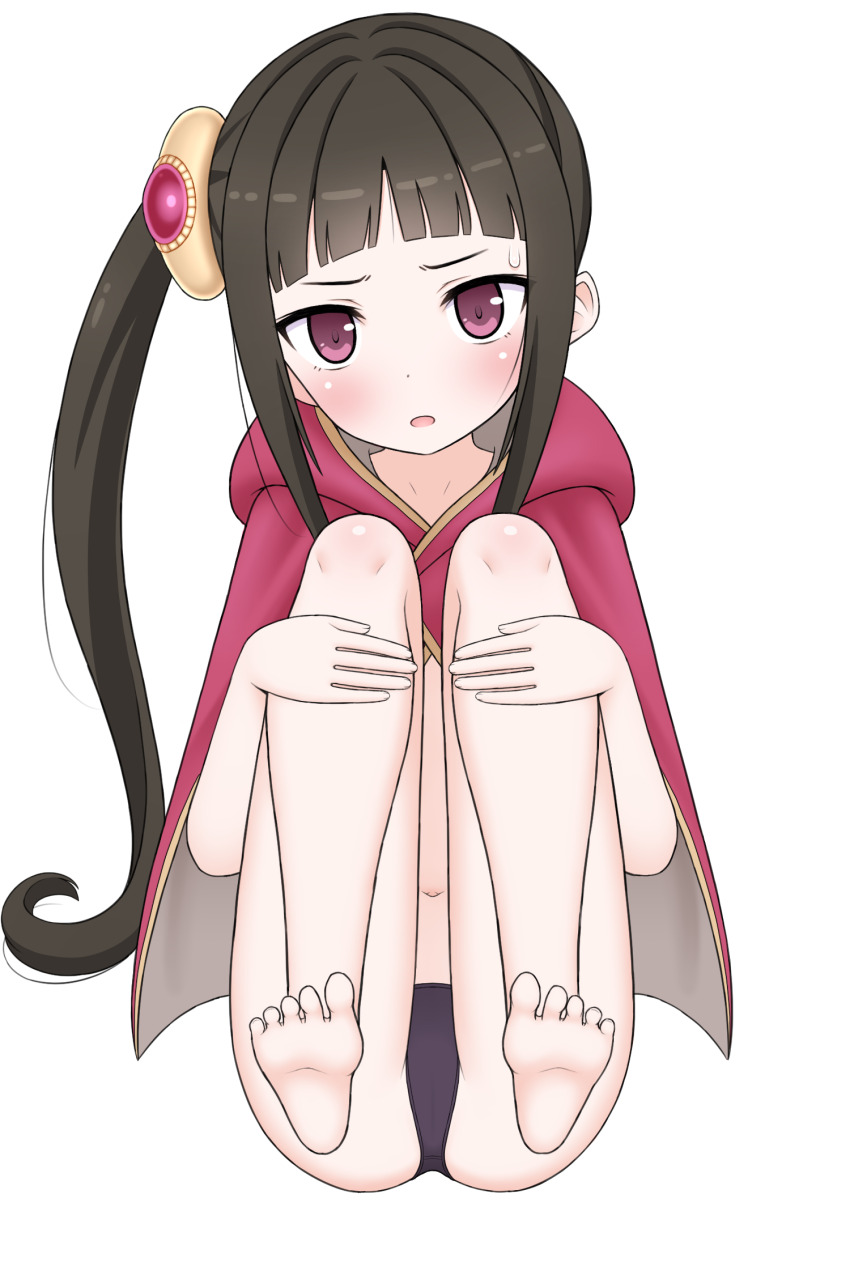 1girl ami_(ammy33) atelier_(series) atelier_totori barefoot black_hair black_panties blush cloak feet female_focus hair_ornament hood hood_down loli long_hair looking_at_viewer mimi_houllier_von_schwarzlang navel open_mouth panties red_cloak side_ponytail solo sweatdrop toes underwear