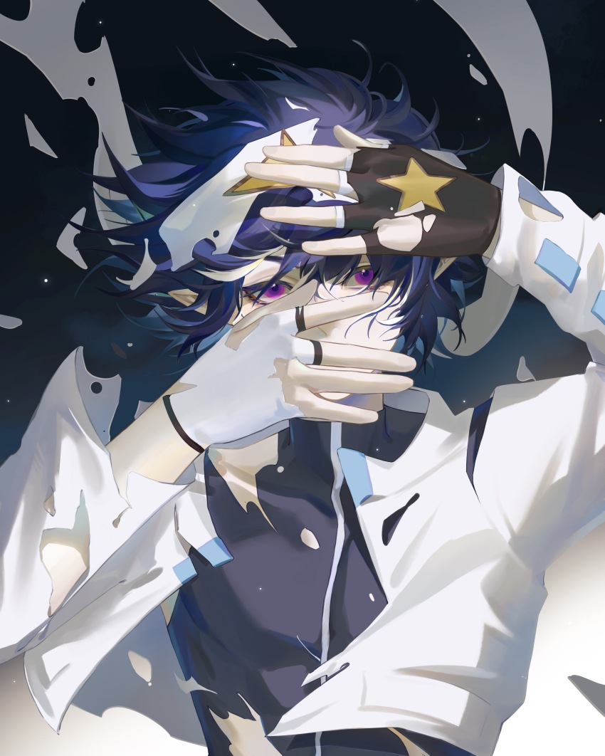 1boy 5236905043 absurdres aotu_world asymmetrical_gloves black_background black_hair black_shirt brown_gloves chinese_commentary covering_own_mouth cropped_jacket fingerless_gloves gloves hair_between_eyes hand_on_own_face hand_on_own_head hands_up headband highres jacket long_sleeves looking_at_viewer male_focus open_clothes pointy_ears purple_eyes ray_(aotu_world) shirt short_hair solo star_(symbol) star_print torn_clothes upper_body white_gloves white_headband white_jacket wind