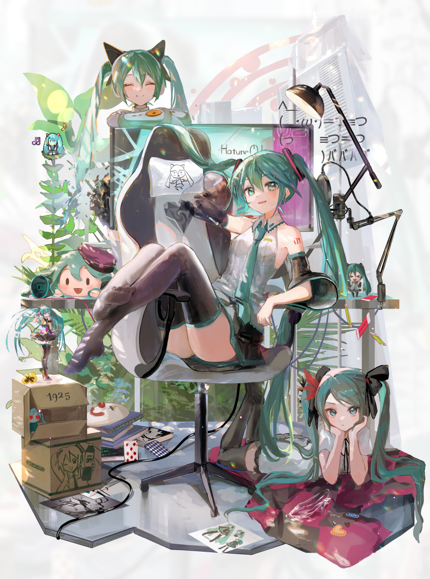 &gt;_&lt; 1925_(vocaloid) 3girls ^_^ absurdres aimaina aqua_eyes aqua_hair aqua_necktie black_ribbon black_sleeves blush box calc._(vocaloid) cardboard_box chair closed_eyes collared_shirt commentary cookie danmaku_comments dappled_sunlight desk desk_lamp detached_sleeves drawing dress figure flower food furrowed_brow gaming_chair glass_slipper grey_shirt hair_ornament hair_ribbon hands_on_own_cheeks hands_on_own_face hatsune_miku hatsune_miku_(heartbeat) hatsune_miku_(ichi_no_sakura_oka) hatsune_miku_(if) hatsune_miku_(supreme) headphones hello_planet_(vocaloid) highres holding holding_food holding_spring_onion holding_vegetable karakuri_pierrot_(vocaloid) kikinoki kochira_koufuku_anshin_iinkai_desu_(vocaloid) koi_wa_sensou_(vocaloid) lamp long_hair looking_at_viewer lying melt_(vocaloid) microphone monitor multicolored_clothes multiple_girls multiple_persona musical_note necktie nendoroid number_tattoo odds_&amp;_ends_(vocaloid) ojama_mushi_(vocaloid) on_stomach peony_(flower) pixel_art plant poppippoo_(vocaloid) project_diva project_diva_(series) project_diva_f raspberry_monster_(vocaloid) ribbon romeo_to_cinderella_(vocaloid) saihate_(vocaloid) semi-transparent senbon-zakura_(vocaloid) shirt sitting smile song_request spring_onion sunlight swivel_chair tattoo teeth tell_your_world_(vocaloid) the_pose thighhighs translated twintails unknown_mother_goose_(vocaloid) vegetable very_long_hair vocaloid white_dress world_is_mine_(vocaloid) zettai_ryouiki