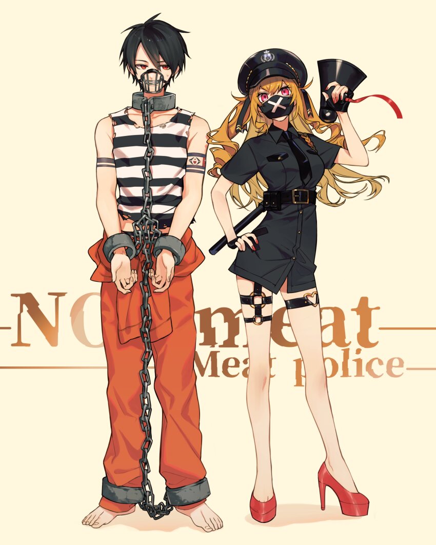 1boy 1girl absurdres arm_tattoo baton_(weapon) belt black_belt black_dress black_gloves black_hair black_headwear black_mask black_necktie black_shirt blonde_hair chain chained chained_wrists collar collared_dress cuffs dress fingerless_gloves full_body gloves hair_between_eyes hat high_heels highres holding holding_megaphone iv_4t long_hair megaphone metal_collar necktie nijisanji o-ring o-ring_thigh_strap police police_hat police_uniform policewoman prison_clothes prisoner red_eyes red_footwear red_nails shackles shirt short_hair short_sleeves sleeveless sleeveless_shirt standing striped_clothes striped_shirt sweatdrop takamiya_rion tattoo thigh_strap torn_clothes torn_shirt virtual_youtuber weapon white_shirt yumeoi_kakeru
