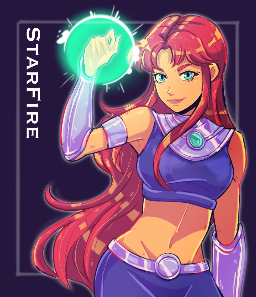 1girl absurdres belt character_name commentary crop_top dc_comics energy energy_ball english_commentary highres long_hair looking_at_viewer midriff pichichustudio purple_skirt red_hair skirt smile solo starfire tamaranean teen_titans