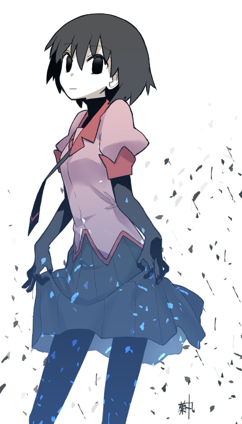 1girl :| absurdres adjusting_clothes artist_name black_eyes black_gloves black_hair black_necktie black_pantyhose black_skirt black_undershirt bob_cut breasts closed_mouth commentary curtsey elbow_gloves empty_eyes expressionless feet_out_of_frame gloves highres kikumaru_bunta looking_at_viewer looking_to_the_side monogatari_(series) naoetsu_high_school_uniform necktie oshino_ougi pale_skin pantyhose pink_shirt pleated_skirt puffy_short_sleeves puffy_sleeves red_trim school_uniform shards shirt short_hair short_sleeves signature skirt small_breasts solo standing summer_uniform translated turtleneck white_background