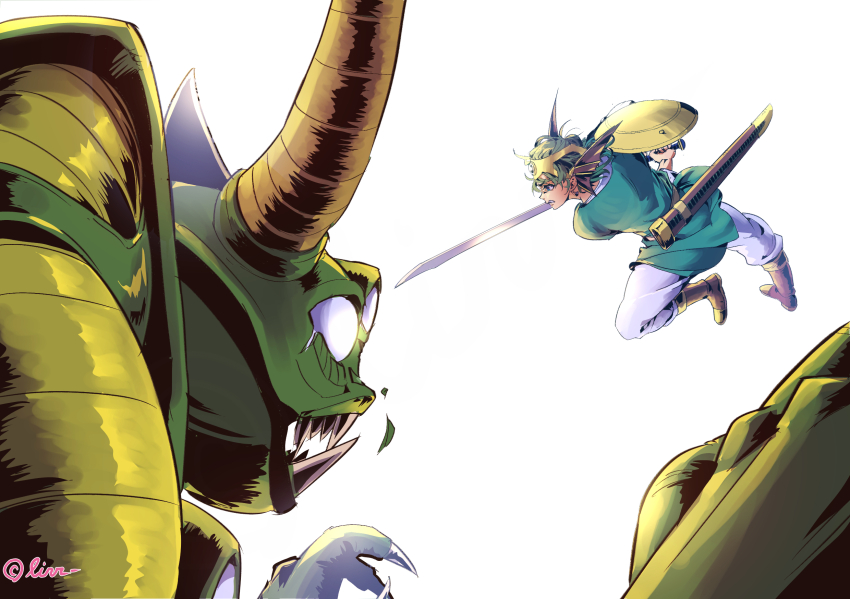 2boys aiming aqua_eyes aqua_tunic boots brown_boots brown_horns claws clenched_teeth colored_skin commentary_request crying crying_with_eyes_open death_pisaro dragon_quest dragon_quest_iv earrings fighting fins floating_clothes floating_hair green_hair green_skin head_fins headpiece hero_(dq4) highres holding holding_sword holding_weapon horns jewelry male_focus medium_hair monster monster_boy multiple_boys no_pupils pants profile scabbard sharp_teeth sheath shey93735903 shield shield_on_back shirt slime_(dragon_quest) sword tears teeth tunic weapon white_background white_pants white_shirt