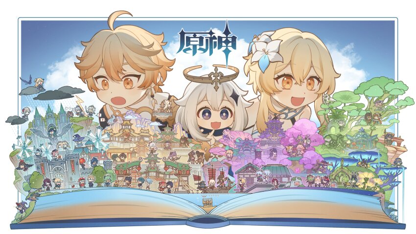 ! 6+boys 6+girls :3 :d absurdres aether_(genshin_impact) ahoge albedo_(genshin_impact) alhaitham_(genshin_impact) amber_(genshin_impact) arataki_itto ayaka_(genshin_impact) banner barbara_(genshin_impact) beidou_(genshin_impact) bennett_(genshin_impact) bibizbbibi black_eyes blonde_hair boar boat book candace_(genshin_impact) cherry_blossoms chongyun_(genshin_impact) cliff cloud collei_(genshin_impact) copyright_name cyno_(genshin_impact) diluc_(genshin_impact) diona_(genshin_impact) dori_(genshin_impact) earrings eula_(genshin_impact) everyone feather_earrings feathers fischl_(genshin_impact) flag flower flying_sweatdrops ganyu_(genshin_impact) genshin_impact gorou_(genshin_impact) guoba_(genshin_impact) hair_flower hair_ornament halo highres hu_tao_(genshin_impact) in-universe_location jade_chamber_(genshin_impact) jean_(genshin_impact) jewelry jumpy_dumpty kaedehara_kazuha kaeya_(genshin_impact) kamisato_ayato keqing_(genshin_impact) klee_(genshin_impact) kujou_sara kuki_shinobu layla_(genshin_impact) lisa_(genshin_impact) lumine_(genshin_impact) mini_person miniboy minigirl mona_(genshin_impact) mora_(genshin_impact) mountain multiple_boys multiple_girls mushroom nahida_(genshin_impact) nilou_(genshin_impact) ningguang_(genshin_impact) noelle_(genshin_impact) one_eye_closed open_mouth oz_(genshin_impact) paimon_(genshin_impact) palace pop-up_book qiqi_(genshin_impact) raiden_shogun razor_(genshin_impact) rosaria_(genshin_impact) ruin_golem_(genshin_impact) sangonomiya_kokomi sayu_(genshin_impact) scaramouche_(genshin_impact) scarf scroll shenhe_(genshin_impact) shikanoin_heizou sidelocks sky smile spoken_exclamation_mark statue_of_the_seven storm sucrose_(genshin_impact) tartaglia_(genshin_impact) thoma_(genshin_impact) thunder tighnari_(genshin_impact) town treasure_chest tree venti_(genshin_impact) water watercraft waterfall white_flower white_hair white_scarf windmill xiangling_(genshin_impact) xiao_(genshin_impact) xingqiu_(genshin_impact) xinyan_(genshin_impact) yae_miko yanfei_(genshin_impact) yelan_(genshin_impact) yellow_flower yoimiya_(genshin_impact) yun_jin_(genshin_impact) zhongli_(genshin_impact)