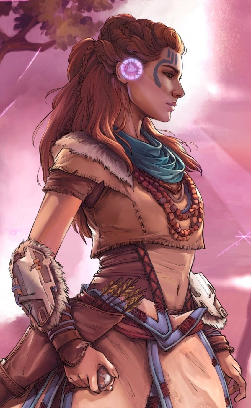 1girl aloy_(horizon) arrow_(projectile) bead_necklace beads facepaint from_side green_eyes highres horizon_(video_game) horizon_zero_dawn illyne_cosplay jewelry long_hair necklace orange_hair outdoors quiver solo