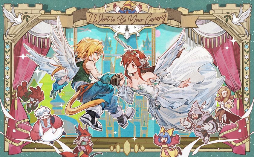 1other 4boys 4girls adelbert_steiner angel_wings armor beatrix_(ff9) bird blonde_hair blue_arm_warmers breasts brown_eyes brown_hair castle chibi chibi_inset cleavage couple cropped_vest crow0cc dove eiko_carol english_text final_fantasy final_fantasy_ix flower flying freija_crescent garnet_til_alexandros_xvii gloves happy hat highres holding_hands long_hair long_sleeves looking_at_another multiple_boys multiple_girls open_mouth quina_quen salamander_coral short_hair smile sparkle tail vest vivi_ornitier wings wizard_hat zidane_tribal