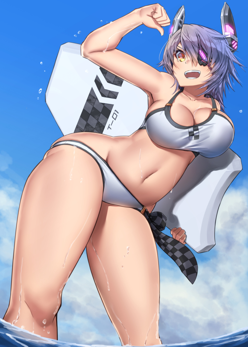 1girl bad_anatomy bare_arms bare_legs bare_shoulders bikini bodyboard breasts brown_eyes cleavage collarbone day eyepatch headgear highres kantai_collection large_breasts navel ocean open_mouth purple_hair short_hair solo swimsuit tenryuu_(kancolle) tenryuu_(swimsuit)_(kancolle) wet white_bikini zombie_mogura