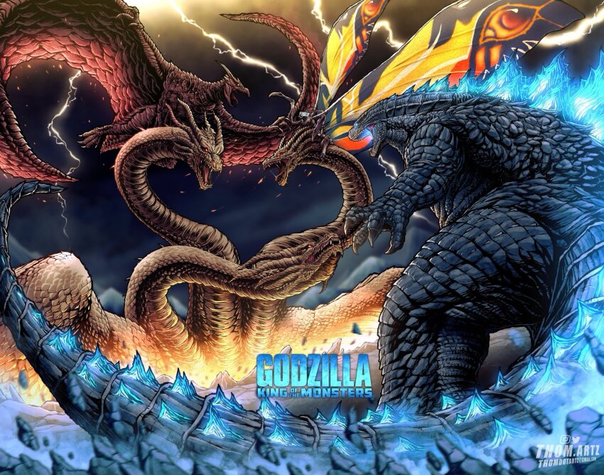 alien beak blue_eyes bug butterfly claws compound_eyes conjoined debris dinosaur dragon electricity elemental_(creature) embers energy english_text fighting fire_elemental flying gills glowing glowing_eyes glowing_mouth glowing_spikes godzilla godzilla:_king_of_the_monsters godzilla_(series) highres horns hydra ice insect kaiju king_ghidorah lava legendary_pictures lightning monsterverse moth mothra multiple_heads night no_humans no_pupils open_mouth orange_eyes plasma pteranodon pterosaur roaring rodan sharp_teeth snow space_monster spikes tail talons teeth thomdotartz toho tongue wings