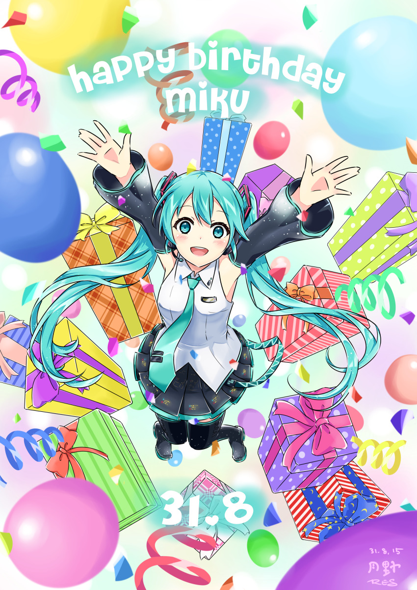 1girl absurdres aqua_eyes aqua_hair aqua_necktie arms_up balloon black_boots black_skirt black_sleeves blush boots box character_name commentary confetti dated detached_sleeves english_text full_body gift gift_box happy_birthday hatsune_miku hatsune_miku_(vocaloid3) highres long_hair long_sleeves looking_at_viewer midair miniskirt necktie open_mouth outstretched_arms pleated_skirt shirt skirt sleeveless sleeveless_shirt smile solo thigh_boots tsukino_(nakajimaseiki) twintails very_long_hair vocaloid white_shirt