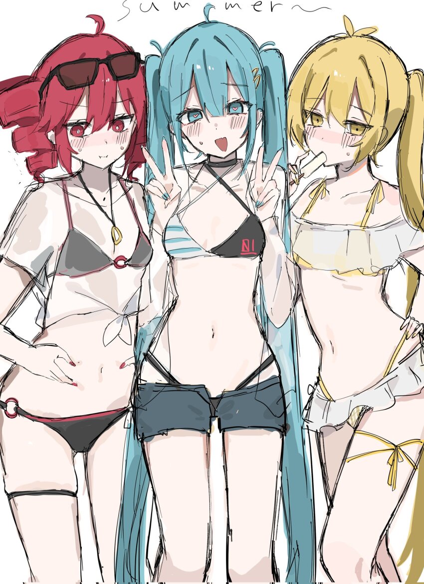 3girls ahoge akita_neru aqua_eyes aqua_hair bikini black_bikini black_choker blonde_hair blush breasts choker collarbone denim denim_shorts drill_hair embarrassed english_text eyewear_on_head fang food frilled_bikini frills hair_between_eyes hatsune_miku heart heart-shaped_pupils highleg highleg_bikini highres kasane_teto long_hair looking_at_viewer multiple_girls navel nervous_sweating o-ring open_mouth popsicle red_eyes red_hair see-through_clothes shakacat shorts simple_background skin_fang small_breasts striped_clothes sunglasses sweat swimsuit symbol-shaped_pupils thigh_strap translation_request triple_baka_(vocaloid) triple_ryuunen twin_drills utau very_long_hair vocaloid waimoniku white_background yellow_eyes zako_(vocaloid)