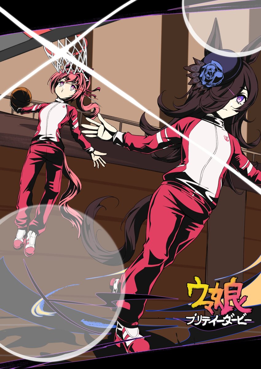 2girls absurdres animal_ears ball basketball_(object) basketball_court basketball_hoop blue_flower blue_hat blue_rose brown_hair closed_mouth commentary flower flower-shaped_pupils gabu_gabugabuga hair_ornament hair_over_one_eye hairclip haru_urara_(umamusume) hat hat_flower highres holding holding_ball horse_ears horse_girl horse_tail i_got_a_glock_in_my_&#039;rari_(meme) indoors jacket long_hair long_sleeves meme midair multiple_girls pants pink_hair ponytail purple_eyes red_jacket red_pants rice_shower_(umamusume) rose shoes symbol-shaped_pupils tail tilted_headwear track_jacket track_pants track_suit ttgl_eyecatch umamusume very_long_hair white_shoes