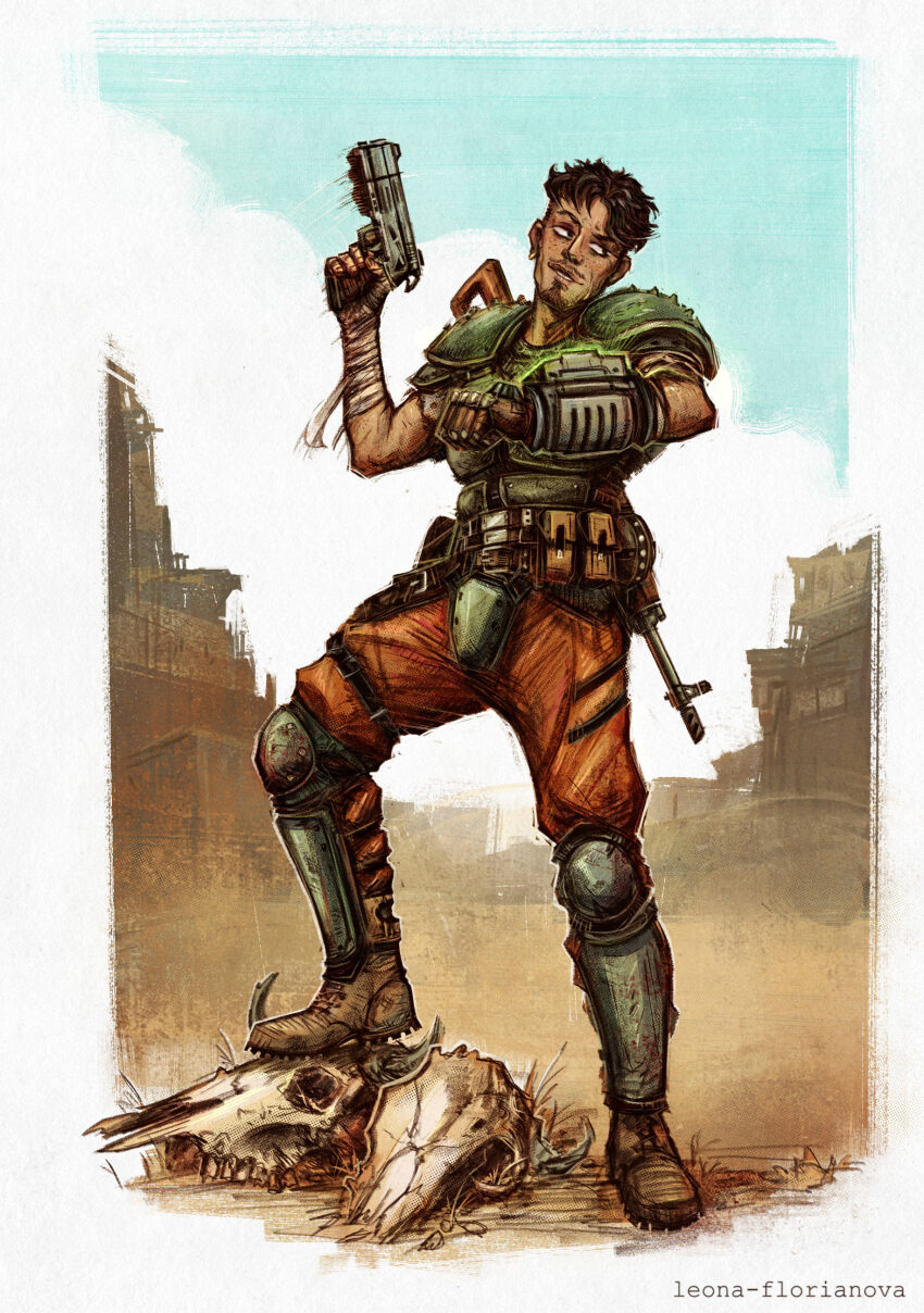 1boy absurdres ammunition_belt ammunition_pouch animal_skull armor assault_rifle beard black_hair blue_sky boots border brown_boots cow_skull facial_hair fallout fallout:_new_vegas fallout_1 fallout_2 gun gun_on_back handgun highres leona-florianova pip_boy pouch rifle short_hair signature skull sky weapon weapon_on_back white_border wrist_computer