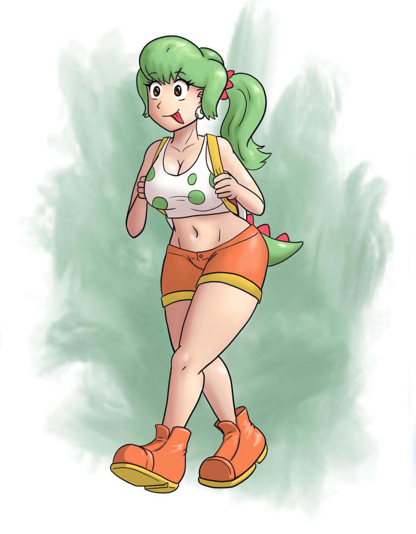1girl abstract_background absurdres backpack bag breasts brown_eyes dinosaur_girl earrings female_focus front full_body genderswap genderswap_(mtf) green_hair green_tail highres jewelry large_breasts mario_(series) nintendo orange_shoes orange_shorts ponytail saf-404 shoes shorts tail thick_thighs thighs tongue tongue_out walking white_background yoshi