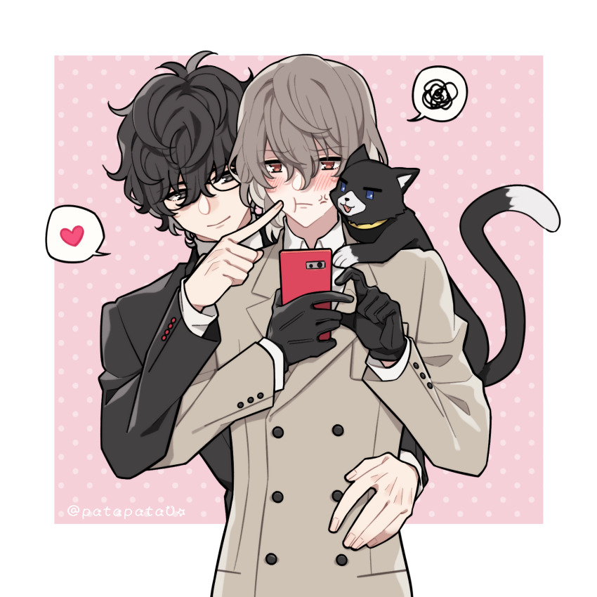 3boys akechi_gorou amamiya_ren black_eyes black_hair border curly_hair glasses highres male_focus medium_hair morgana_(cat)_(persona_5) morgana_(persona_5) multiple_boys persona persona_5 pink_background red_eyes short_hair simple_background tuxedo_cat twitter_username white_border yaoi zozakura