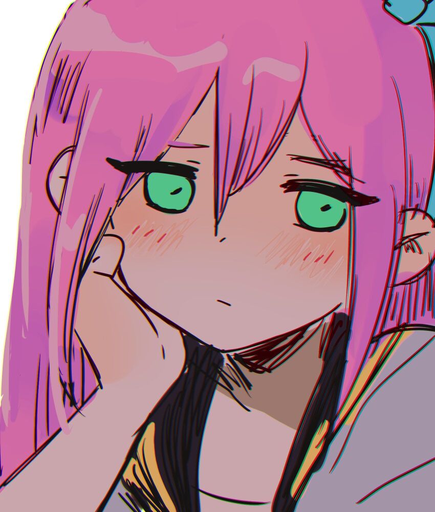 1girl aubrey_(faraway)_(omori) aubrey_(omori) bad_id bad_twitter_id black_sailor_collar blue_hairband blush bow_hairband chromatic_aberration closed_mouth commentary double-parted_bangs english_commentary expressionless green_eyes grey_jacket hair_between_eyes hairband hand_on_own_cheek hand_on_own_face hand_up hatching_(texture) highres jacket kokomi_(aniesuakkaman) long_hair looking_at_viewer no_sclera omori pink_hair portrait sailor_collar simple_background solo straight_hair white_background