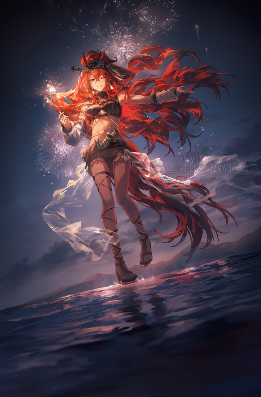 1girl ;) aerial_fireworks animal_ears arknights bare_shoulders belt black_hairband breasts collared_shirt commentary crop_top dagger dusk earrings english_commentary fireworks floating_hair from_below full_body grey_shirt grey_shorts hair_between_eyes hairband helen_zzhao highres holding holding_fireworks horse_ears horse_girl horse_tail jewelry knife long_hair long_tail looking_at_viewer lowleg lowleg_pants medium_breasts midriff mole mole_on_thigh mountainous_horizon multiple_rings narantuya_(arknights) navel night night_sky on_water one_eye_closed open_hand outstretched_arm pants red_eyes red_hair red_tail ring sandals see-through_clothes shirt short_shorts shorts sky sleeveless sleeveless_shirt smile solo sparkle sparkler standing standing_on_one_leg tail thigh_belt thigh_strap tool_belt very_long_hair watermark weapon wedge_heels white_arm_warmers