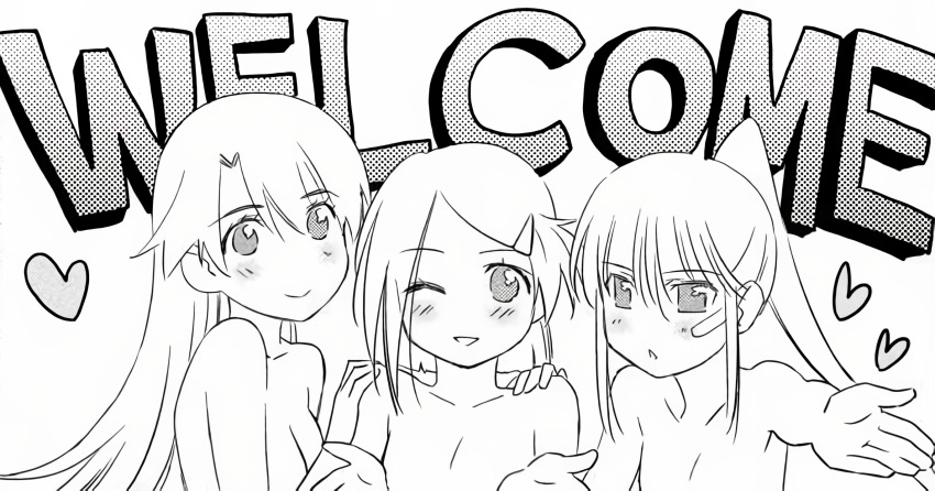 3girls blowing_kiss breasts heart highres kiryuu_yuuzuki kissxsis large_breasts looking_at_viewer monochrome multiple_girls nude official_art one_eye_closed ponytail siblings sisters small_breasts smile suminoe_ako suminoe_riko teacher wink