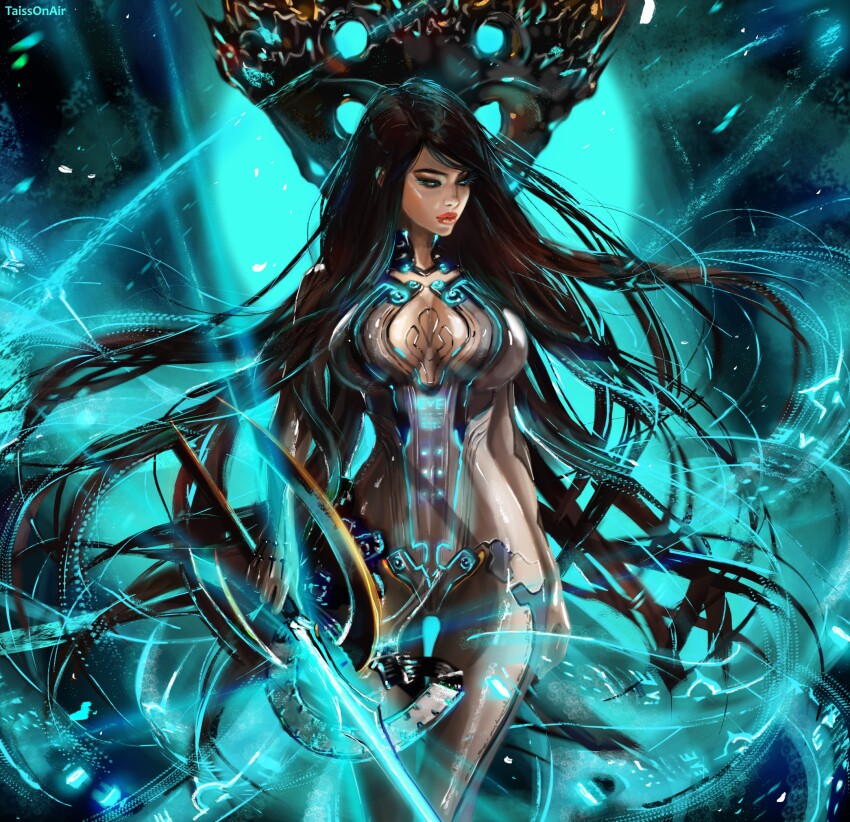 1girl black_hair bodysuit breasts cleavage cleavage_cutout clothing_cutout glowing glowing_sword glowing_weapon grey_bodysuit highres holding holding_sword holding_weapon long_hair raven_(stellar_blade) raven_suit_(stellar_blade) stellar_blade sword tatti_art weapon