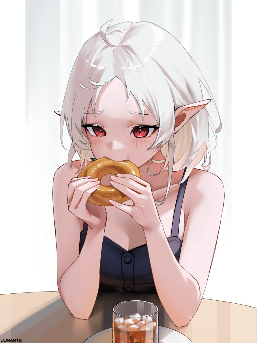 1girl ahoge alternate_costume artist_name bare_arms bare_shoulders black_dress blush breasts cleavage collarbone commentary cup donut dress drink eating elf food highres holding holding_donut holding_food ice ice_cube junarts mixed-language_commentary mushoku_tensei parted_bangs pointy_ears red_eyes short_hair small_breasts solo sylphiette_(mushoku_tensei) upper_body white_hair