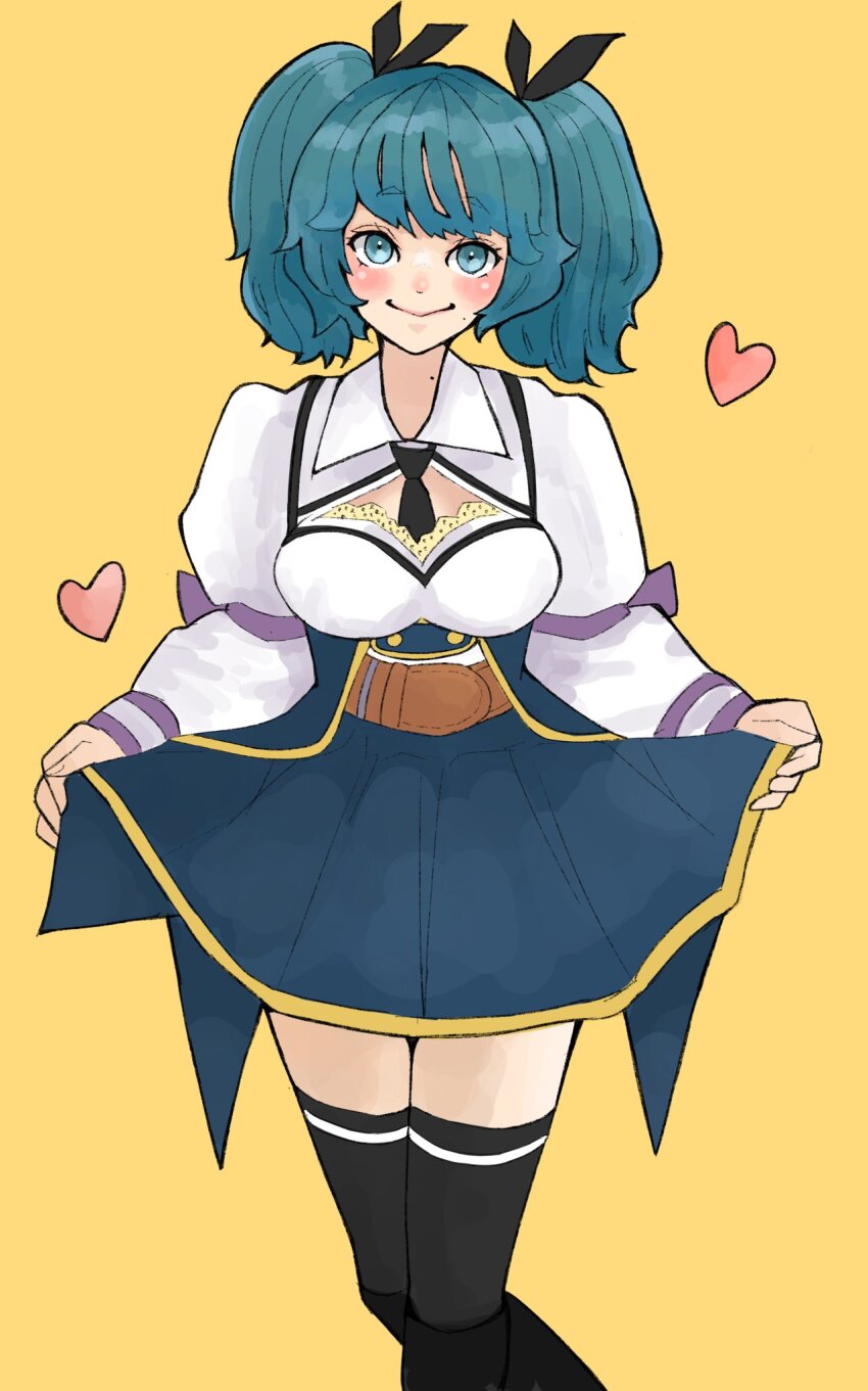 1girl aqua_eyes aqua_hair assault_lily belt black_necktie black_ribbon black_thighhighs blue_skirt blush breasts brown_belt closed_mouth collared_shirt commentary_request crossed_legs feet_out_of_frame hair_ribbon heart highres juliet_sleeves long_sleeves looking_at_viewer medium_breasts miniskirt mole mole_on_neck mole_under_mouth necktie odaiba_girls_high_school_uniform pleated_skirt puffy_sleeves purple_ribbon ribbon sally_(allogkk) school_uniform shirt short_hair simple_background skirt skirt_hold sleeve_ribbon smile solo standing suzuki_chinami thighhighs twintails watson_cross white_shirt yellow_background